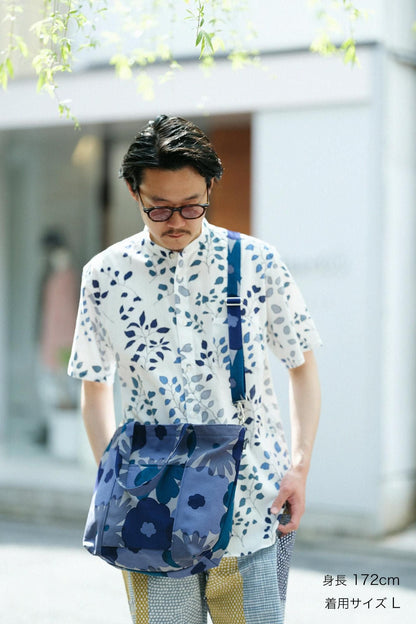高島縮 20/20 スタンドカラー半袖シャツ／葉陰（はかげ）