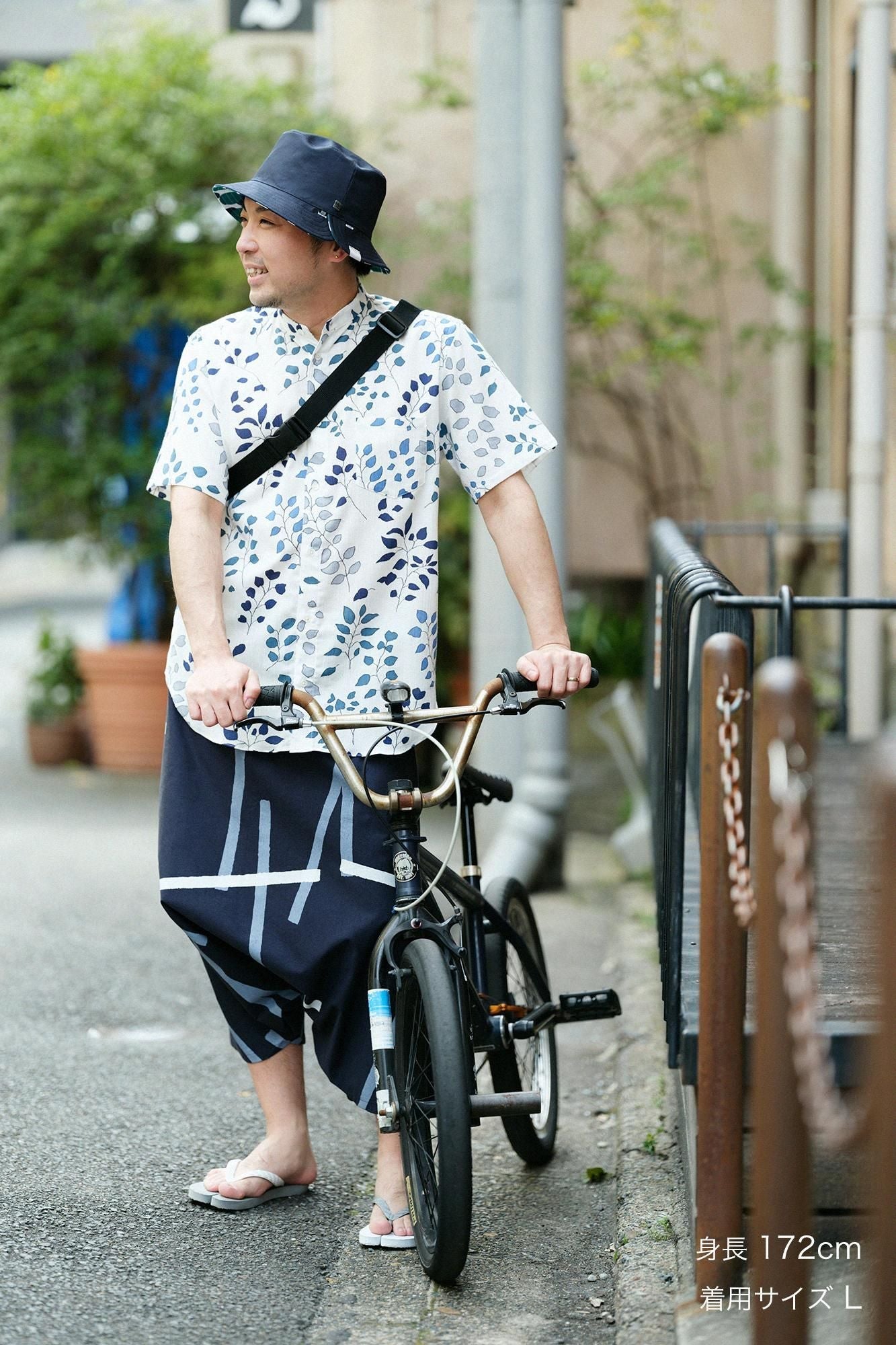 高島縮 20/20 スタンドカラー半袖シャツ／葉陰（はかげ）