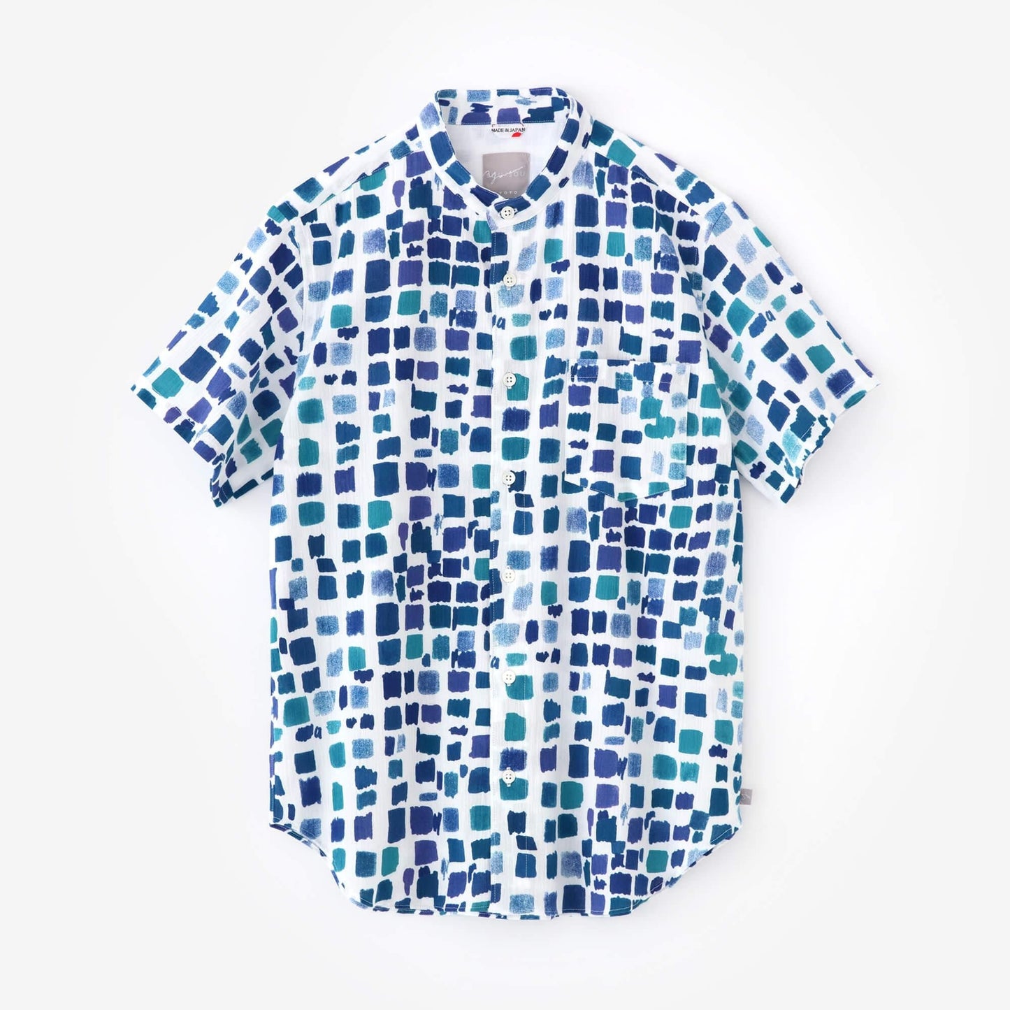 【net限定】高島縮 20/20 スタンドカラー半袖シャツ／絵具皿（えのぐざら） 水辺色（みずべいろ）