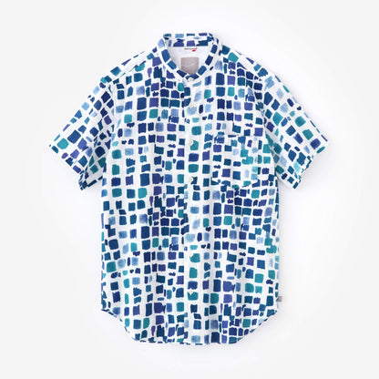 【net限定】高島縮 20/20 スタンドカラー半袖シャツ／絵具皿（えのぐざら） 水辺色（みずべいろ）