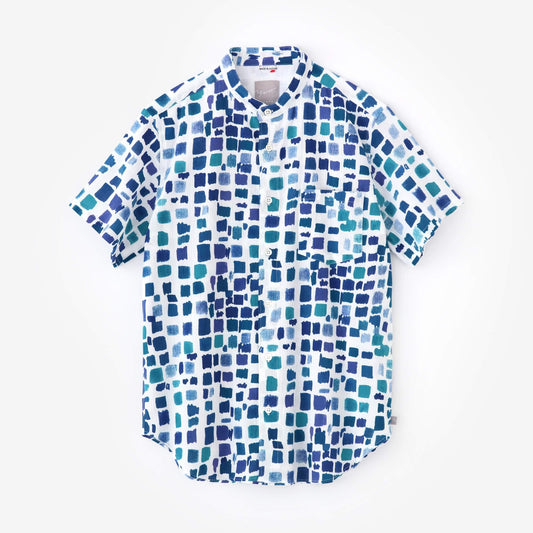 【net限定】高島縮 20/20 スタンドカラー半袖シャツ／絵具皿（えのぐざら） 水辺色（みずべいろ）