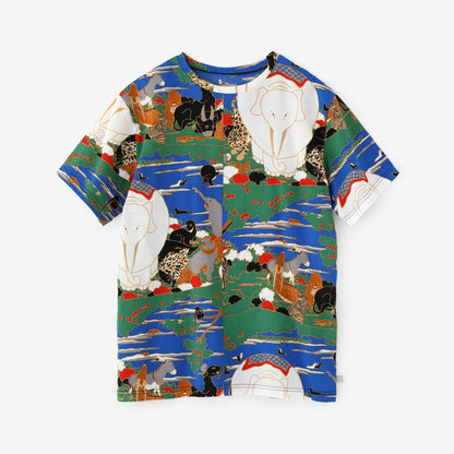 高島縮 40/40 半袖Tシャツ／若冲（じゃくちゅう） 鳥獣花木図屏風（ちょうじゅうかぼくずびょうぶ） 写し（うつし） 継ぎ（つぎ）