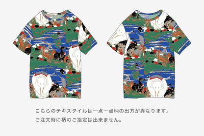 高島縮 40/40 半袖Tシャツ／若冲（じゃくちゅう） 鳥獣花木図屏風（ちょうじゅうかぼくずびょうぶ） 写し（うつし） 継ぎ（つぎ）