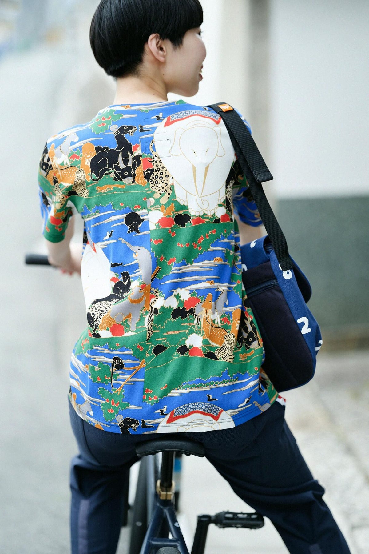 高島縮 40/40 半袖Tシャツ／若冲（じゃくちゅう） 鳥獣花木図屏風（ちょうじゅうかぼくずびょうぶ） 写し（うつし） 継ぎ（つぎ）