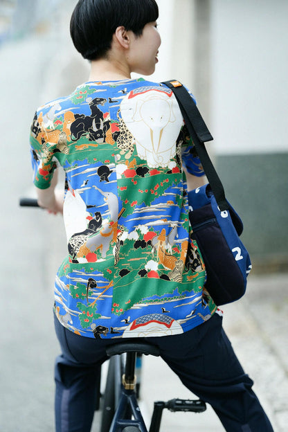 高島縮 40/40 半袖Tシャツ／若冲（じゃくちゅう） 鳥獣花木図屏風（ちょうじゅうかぼくずびょうぶ） 写し（うつし） 継ぎ（つぎ）