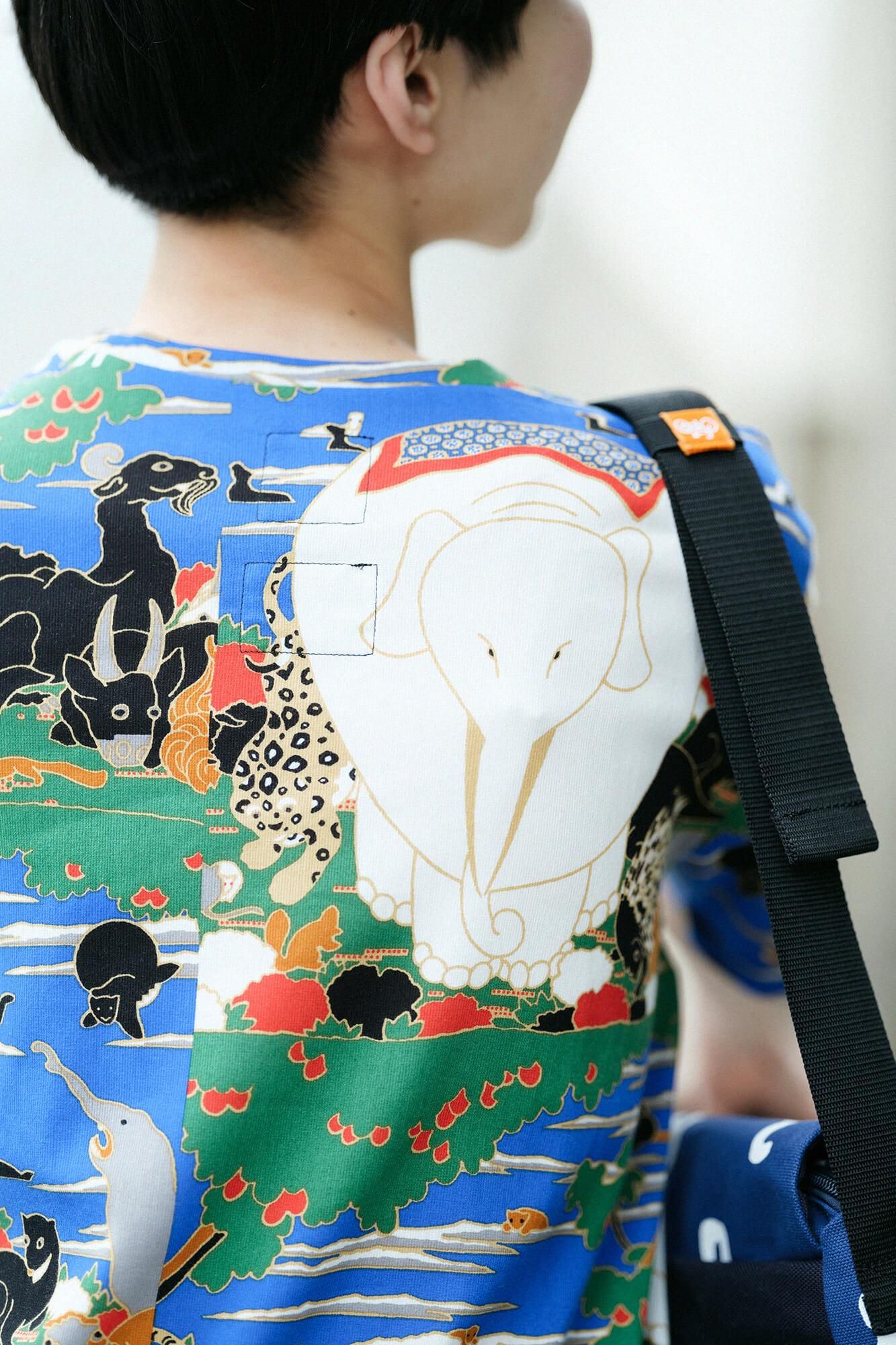 高島縮 40/40 半袖Tシャツ／若冲（じゃくちゅう） 鳥獣花木図屏風（ちょうじゅうかぼくずびょうぶ） 写し（うつし） 継ぎ（つぎ）