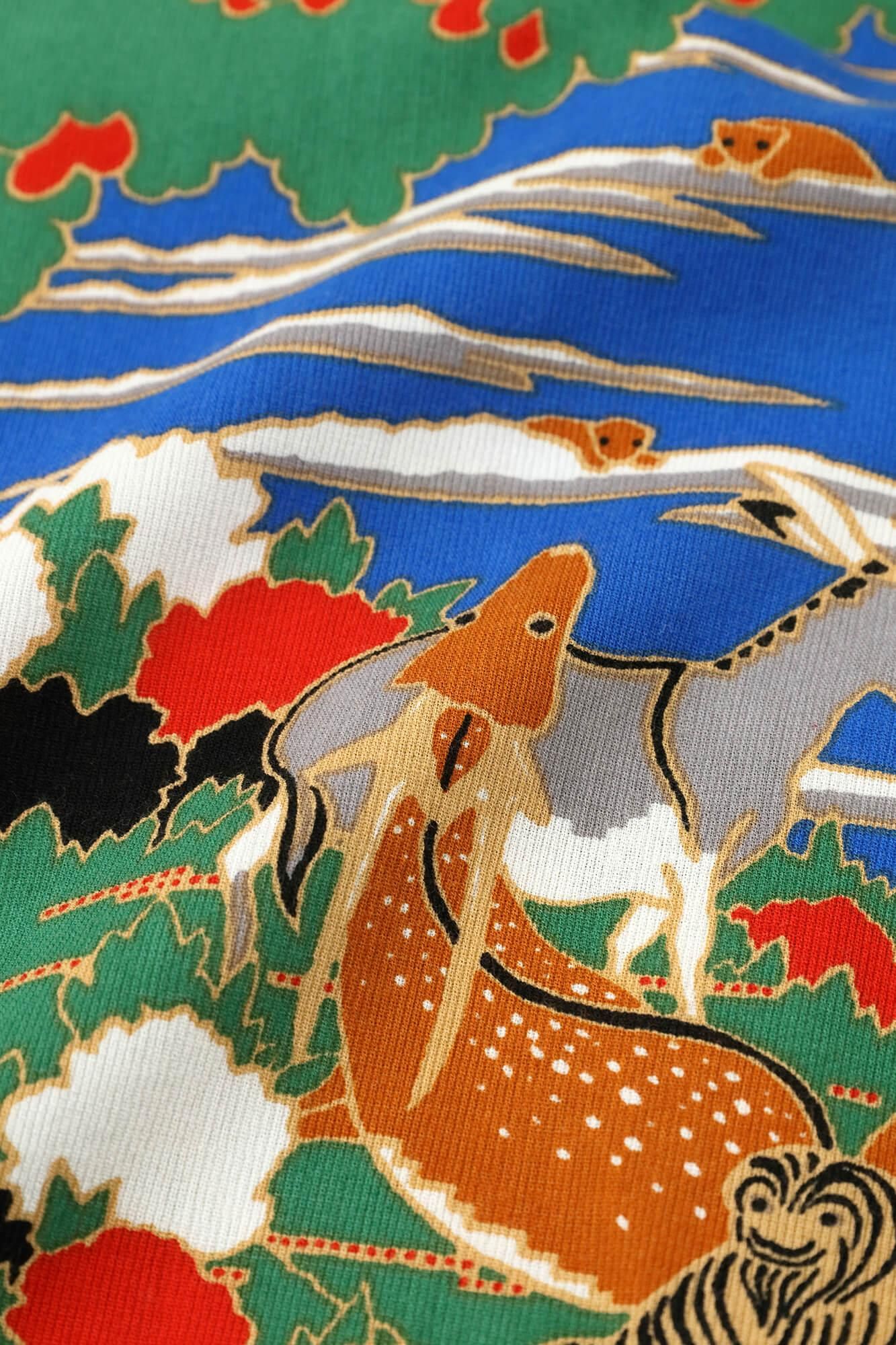 高島縮 40/40 半袖Tシャツ／若冲（じゃくちゅう） 鳥獣花木図屏風（ちょうじゅうかぼくずびょうぶ） 写し（うつし） 継ぎ（つぎ）