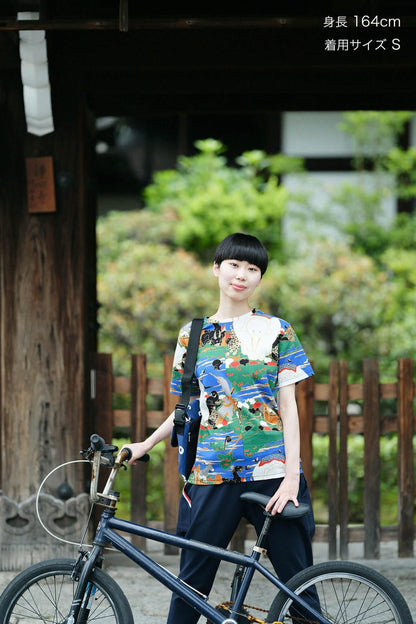 高島縮 40/40 半袖Tシャツ／若冲（じゃくちゅう） 鳥獣花木図屏風（ちょうじゅうかぼくずびょうぶ） 写し（うつし） 継ぎ（つぎ）