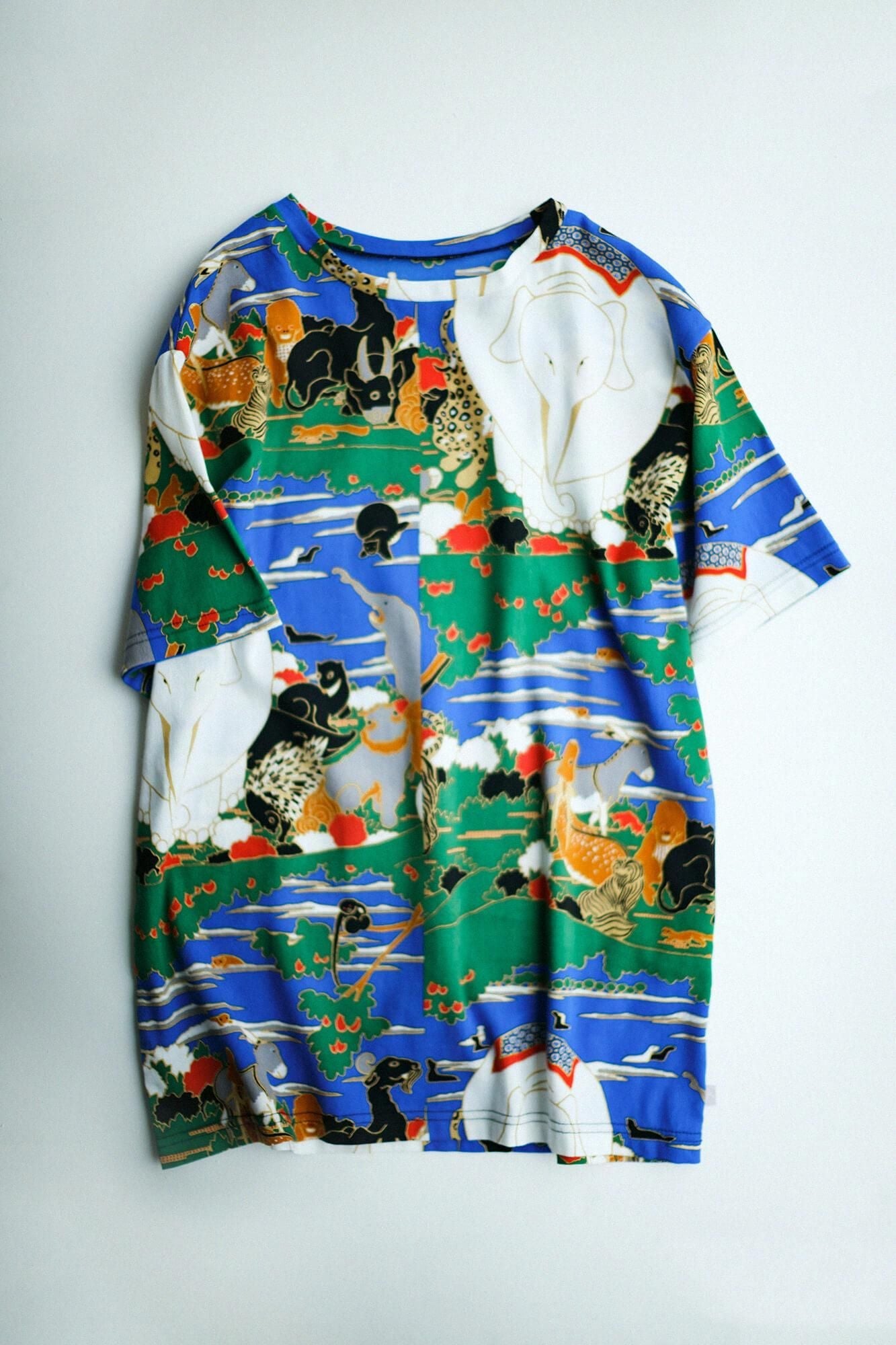 高島縮 40/40 半袖Tシャツ／若冲（じゃくちゅう） 鳥獣花木図屏風（ちょうじゅうかぼくずびょうぶ） 写し（うつし） 継ぎ（つぎ）