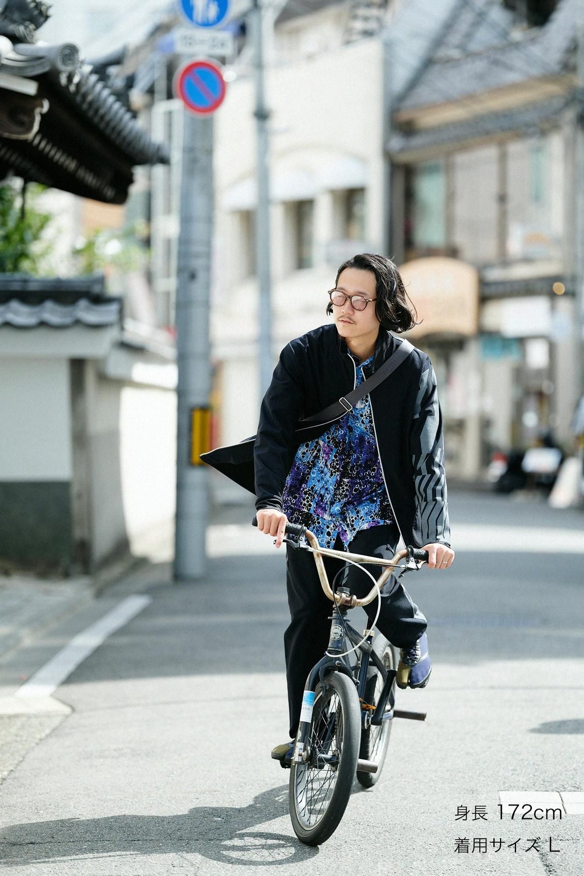 裏起毛ジャージー ZIP UP BIKEブルゾン／ブラック×だんだん▲