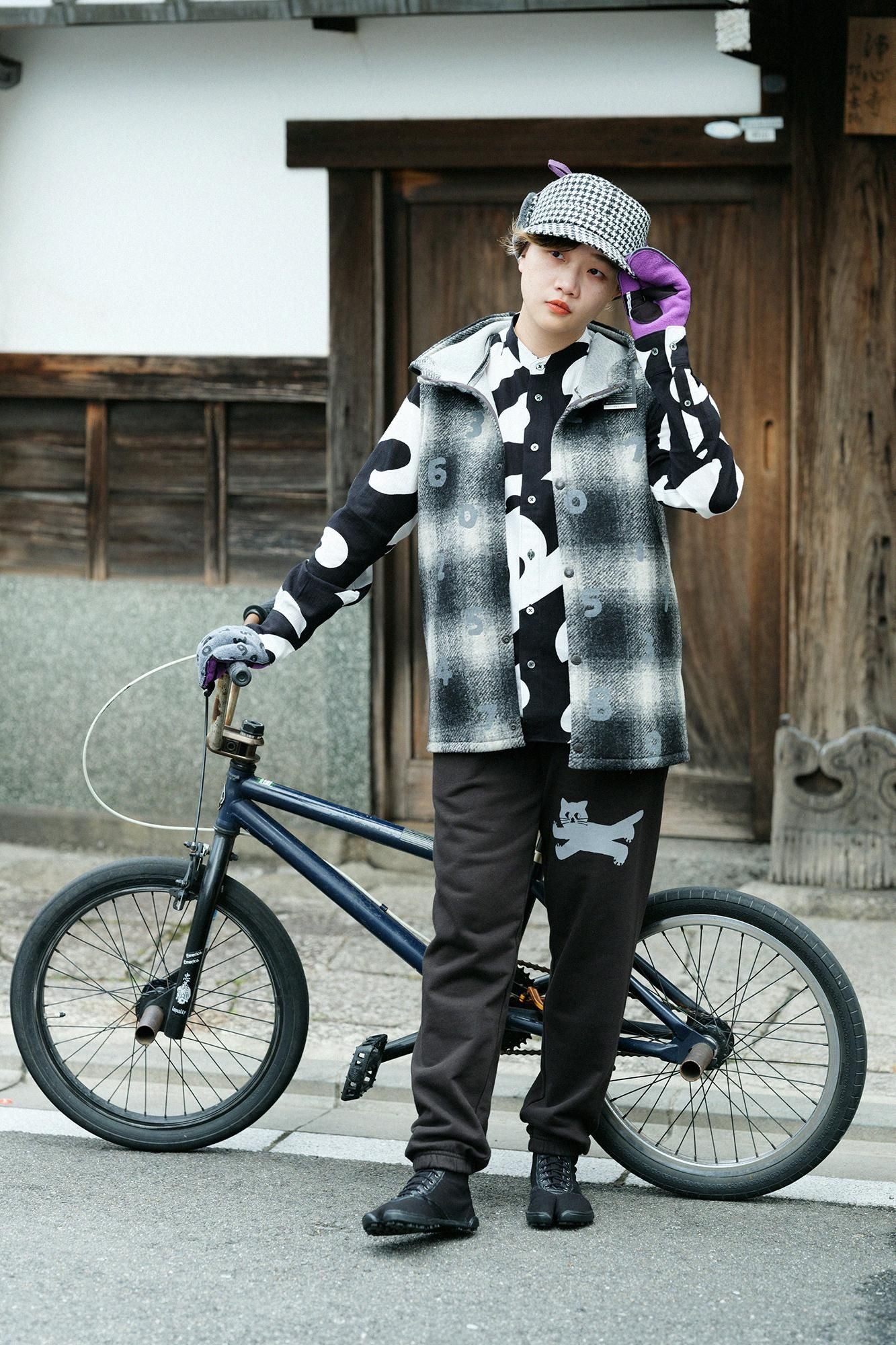 ネップツイード ボア BIKE CAP／ブラックチェック×SO-SU-U
