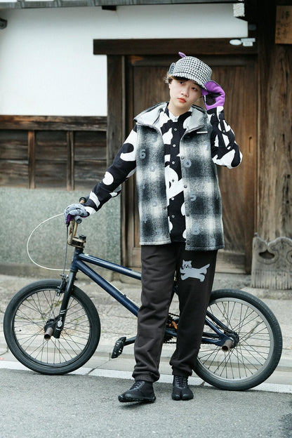 ネップツイード ボア BIKE CAP／ブラックチェック×SO-SU-U