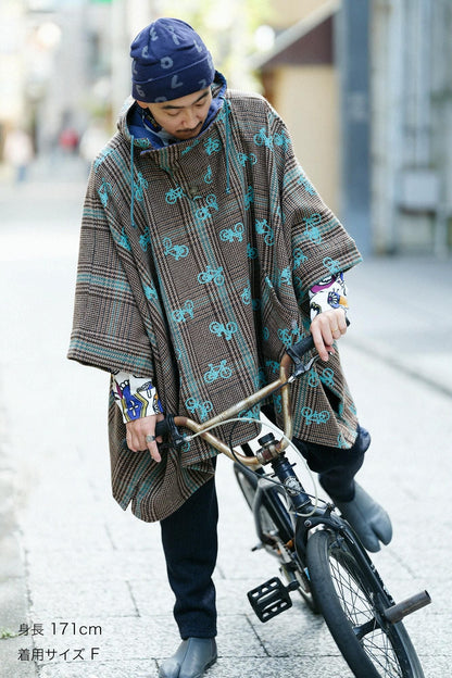 ウールツイード BIKEポンチョ／チャリンチャリンあっちこっちと余白（よはく） ブラウンチェック