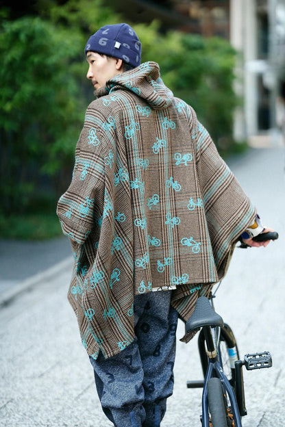 ウールツイード BIKEポンチョ／チャリンチャリンあっちこっちと余白（よはく） ブラウンチェック