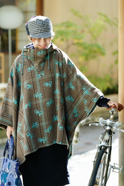 ウールツイード BIKEポンチョ／チャリンチャリンあっちこっちと余白（よはく） ブラウンチェック