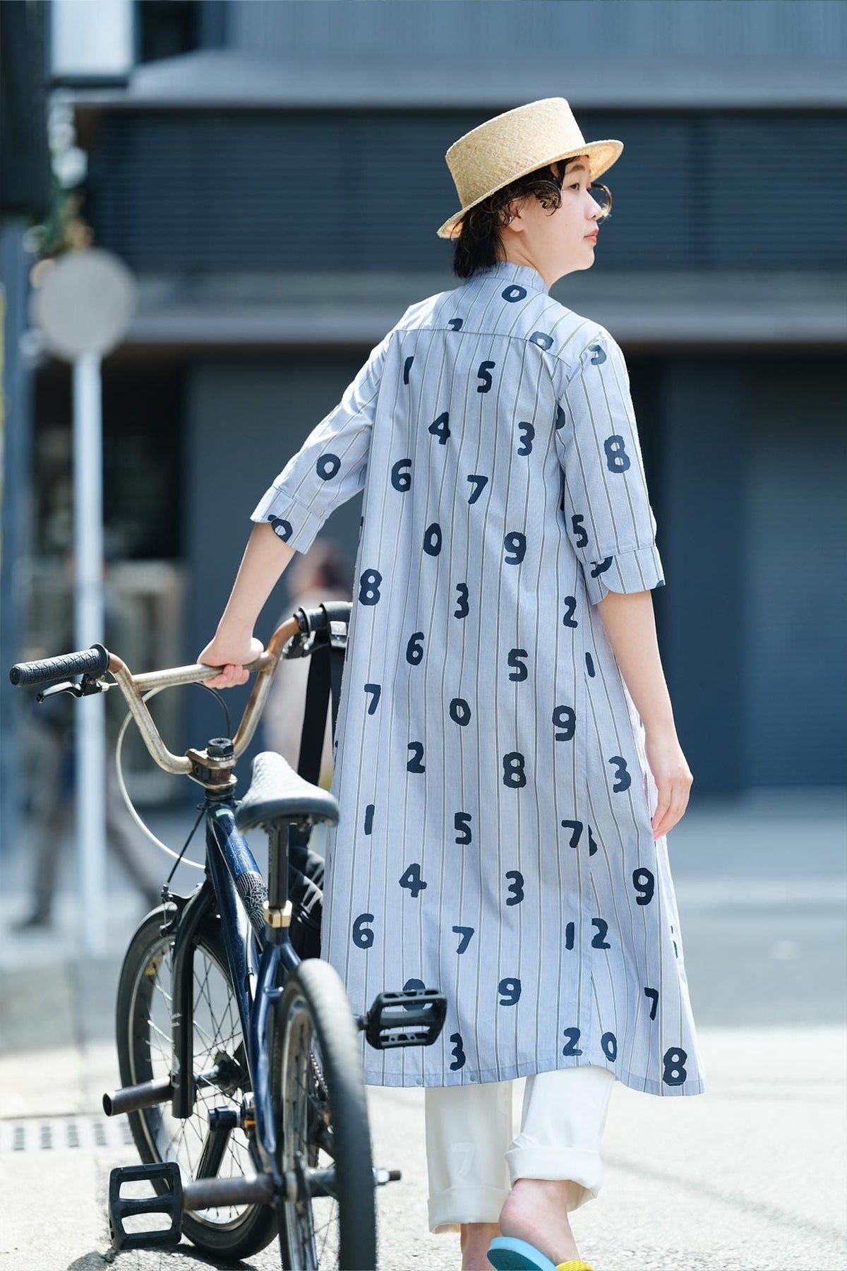 サテンストライプ BIKEワンピース／SO-SU-U 灰青（はいあお）