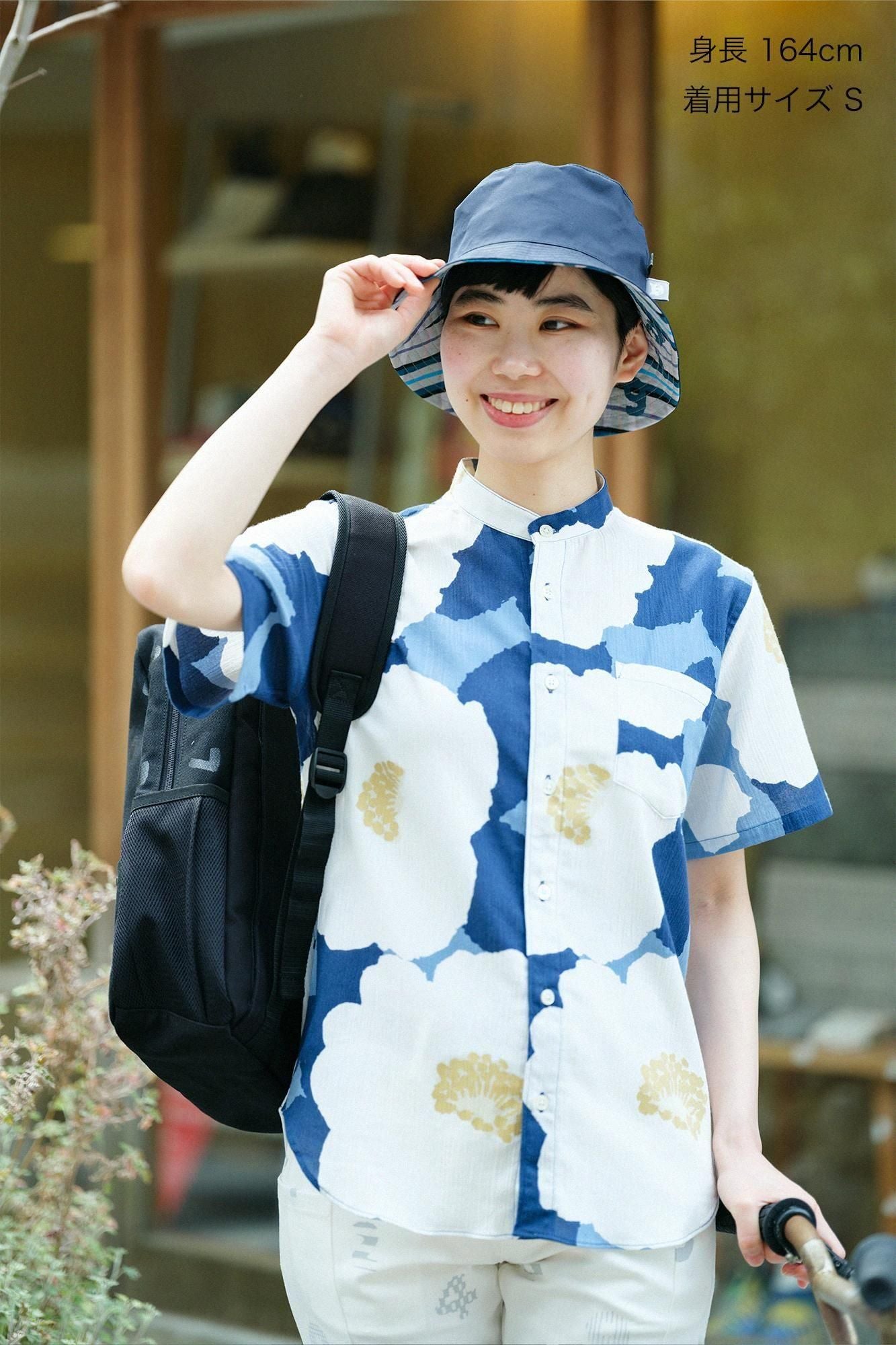 高島縮 20/20 スタンドカラー半袖シャツ／せつざん