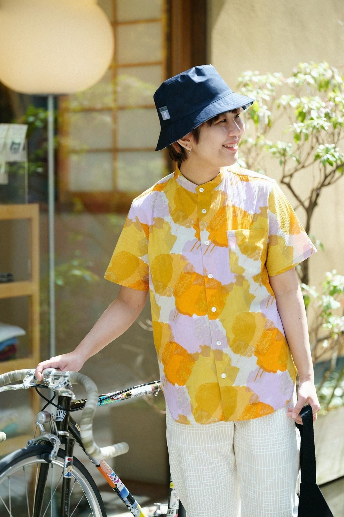 高島縮 20/20 スタンドカラー半袖シャツ／おぼろ