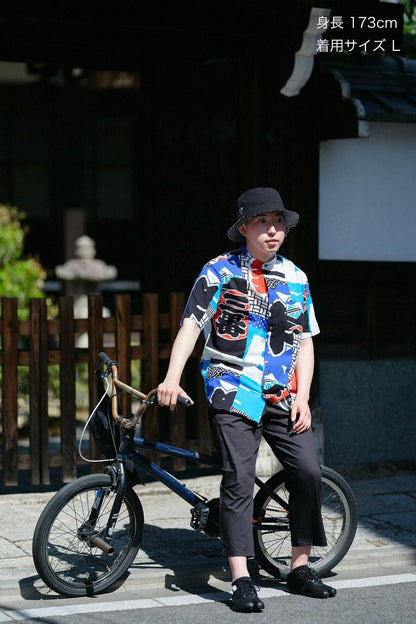 高島縮 20/20 スタンドカラー半袖シャツ／半纏（はんてん）
