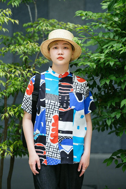 高島縮 20/20 スタンドカラー半袖シャツ／半纏（はんてん）