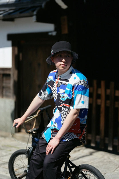 高島縮 20/20 スタンドカラー半袖シャツ／半纏（はんてん）