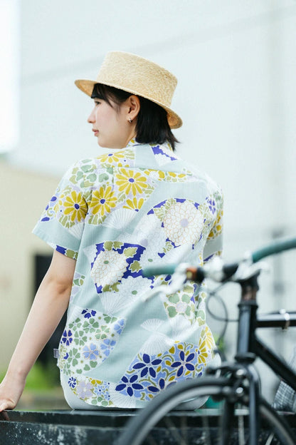 【net限定】高島縮 20/20 スタンドカラー半袖シャツ／扇（おうぎ） 千草鼠（ちぐさねず）
