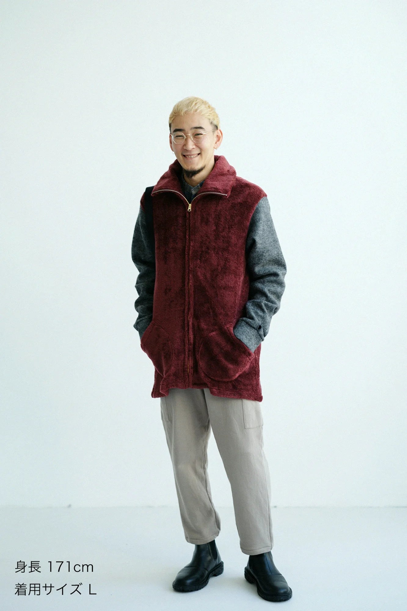 ボア×ウールブークレ ZIP UP N.W BIKEブルゾン／ガーネット×ダークグレー