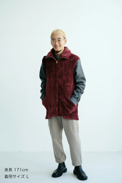 ボア×ウールブークレ ZIP UP N.W BIKEブルゾン／ガーネット×ダークグレー