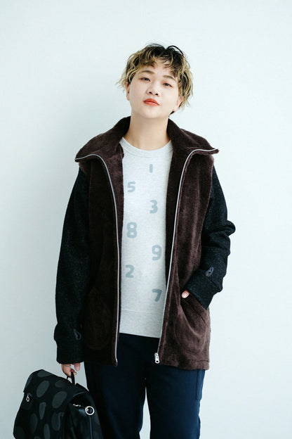ボア×ウールブークレ ZIP UP N.W BIKEブルゾン／ダークブラウン×ブラック