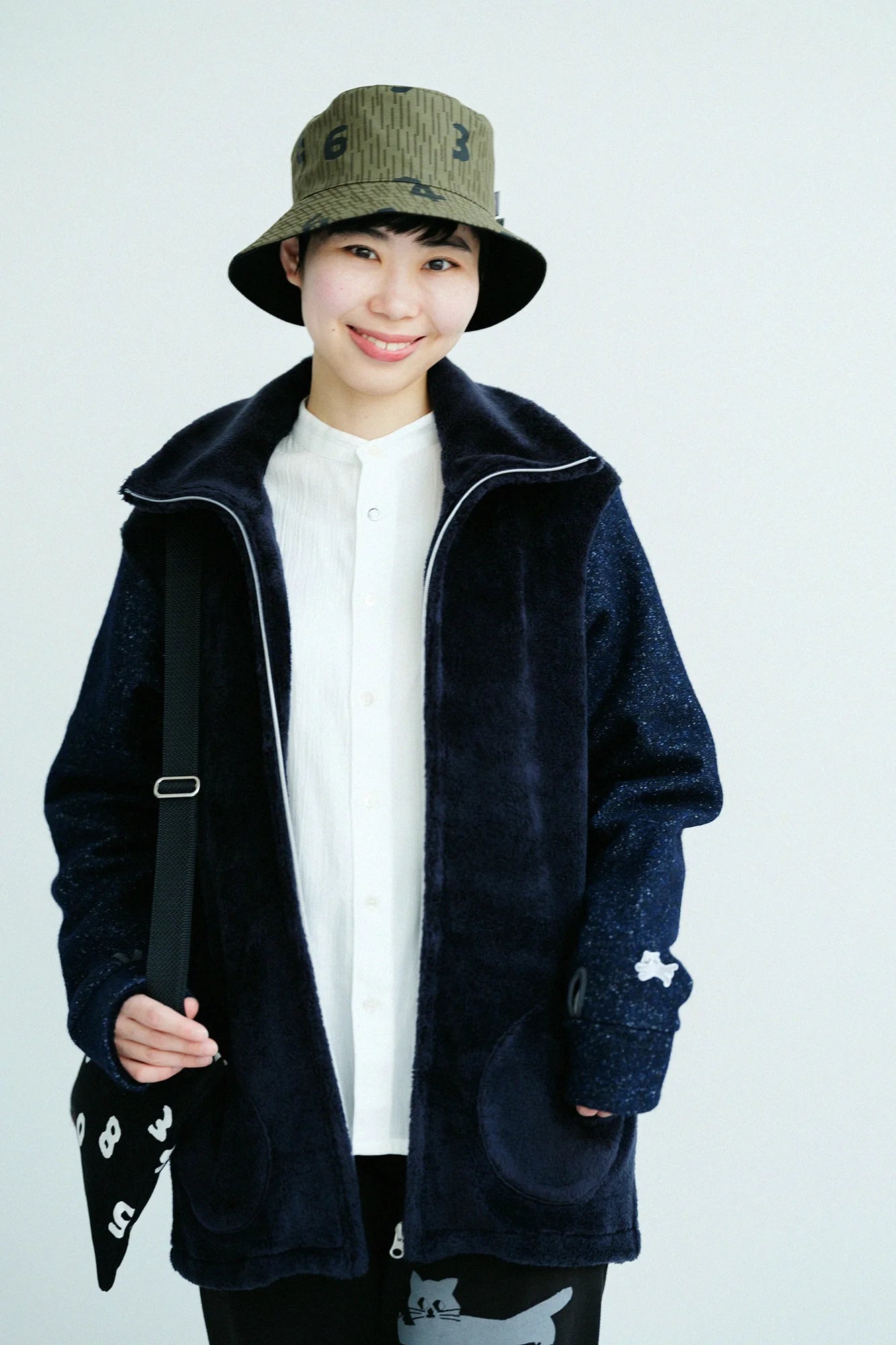 ボア×ウールブークレ ZIP UP N.W BIKEブルゾン／ネイビー×ネイビー