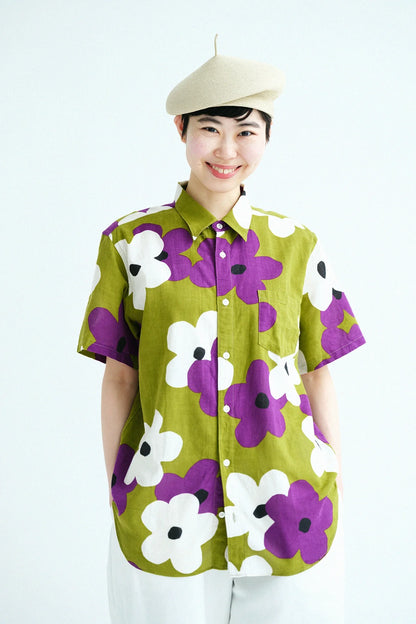 伊勢木綿 文（ぶん） 半袖シャツ／花がさね 萌黄（もえぎ）