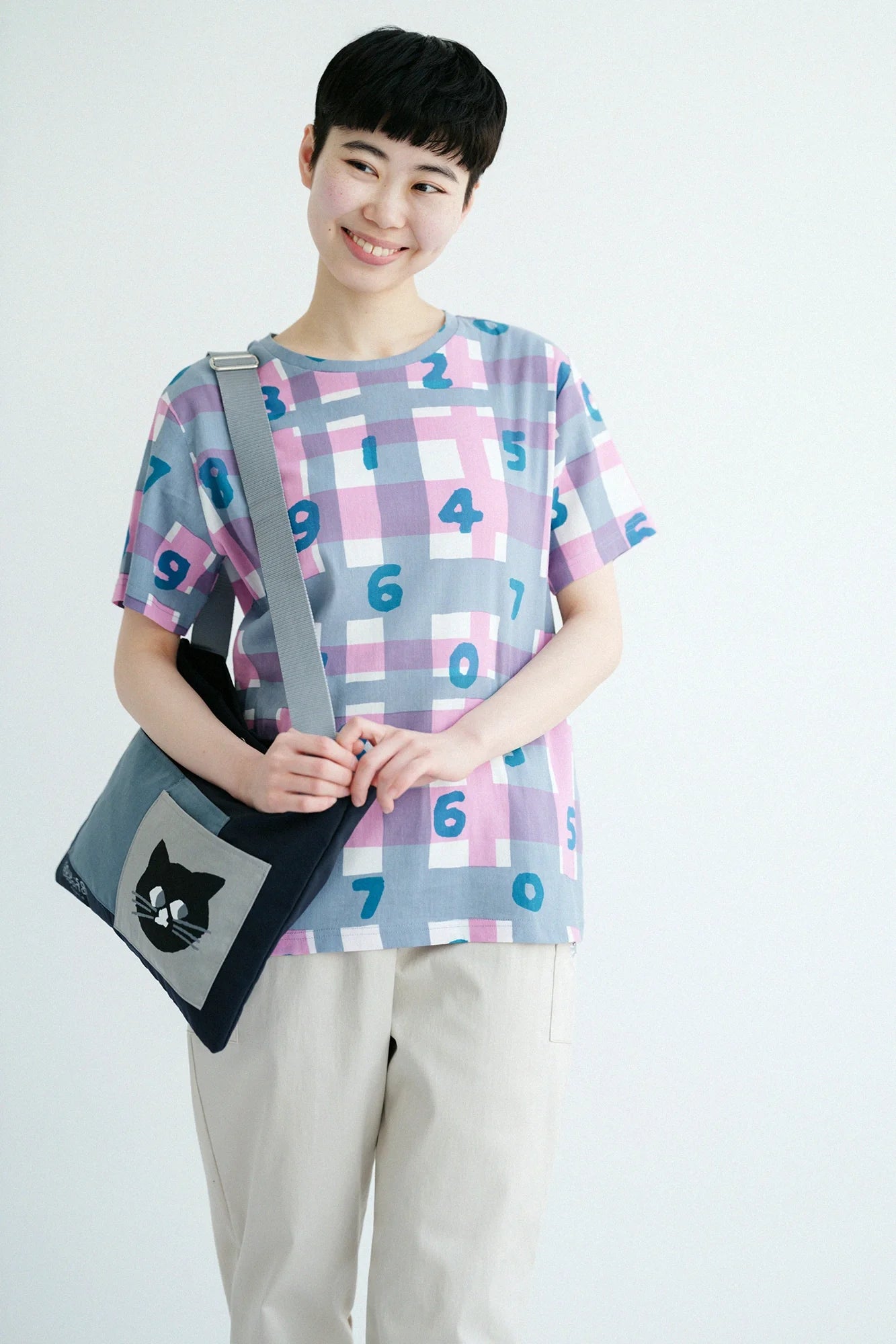 高島縮 40/40 半袖Tシャツ／SO-SU-Uと太乱格子（たみだれごうし） 桃花色（ももはないろ）
