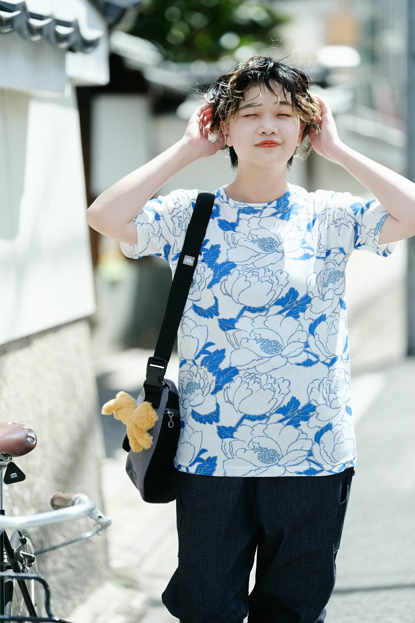 高島縮 40/40 半袖Tシャツ／牡丹華（ぼたんはなさく） 清水(きよみず)