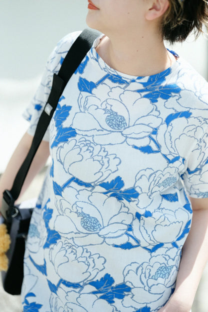 高島縮 40/40 半袖Tシャツ／牡丹華（ぼたんはなさく） 清水(きよみず)