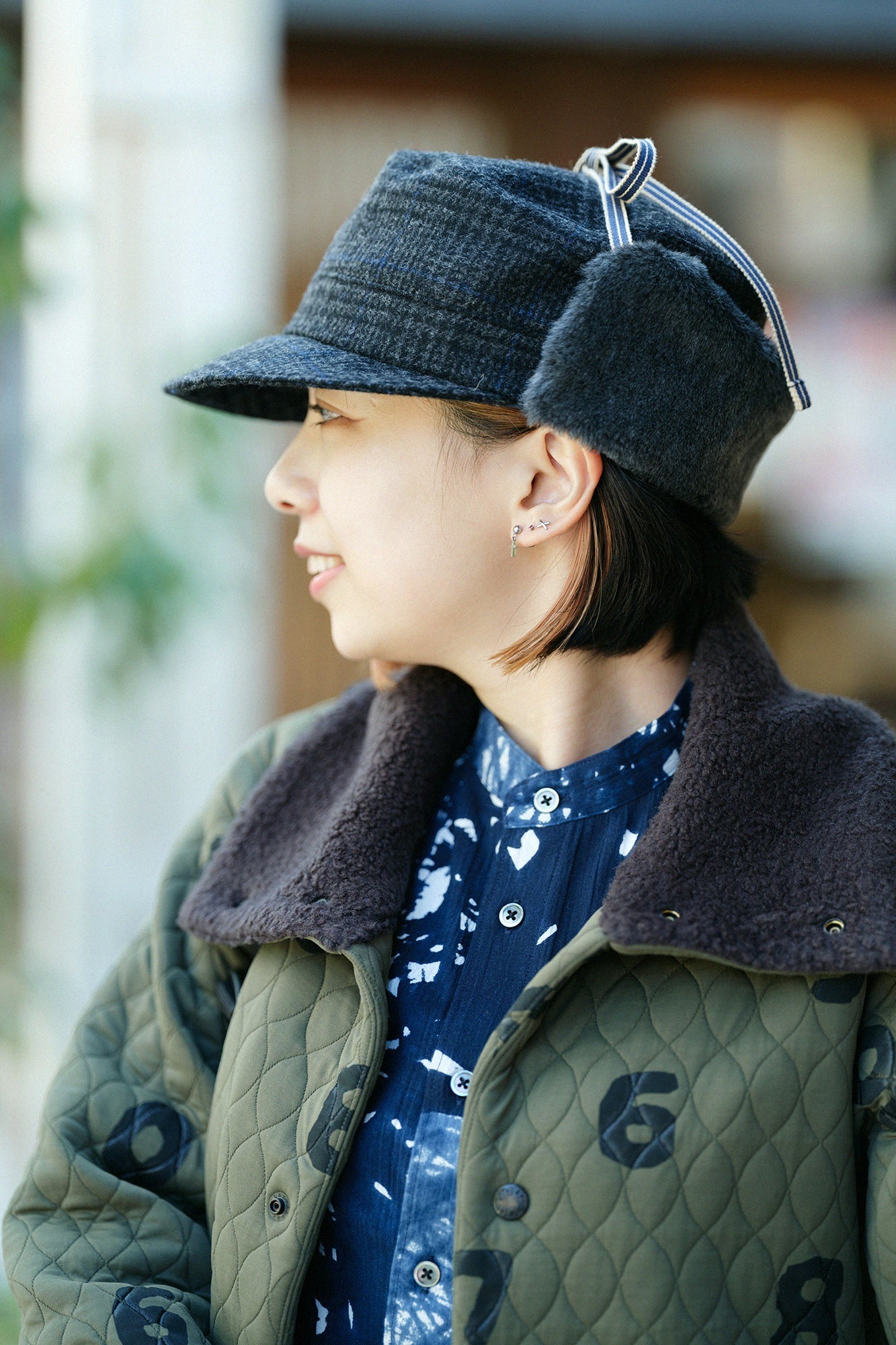 尾州ツイード ボア BIKE CAP／グレンチェック×SO-SU-U