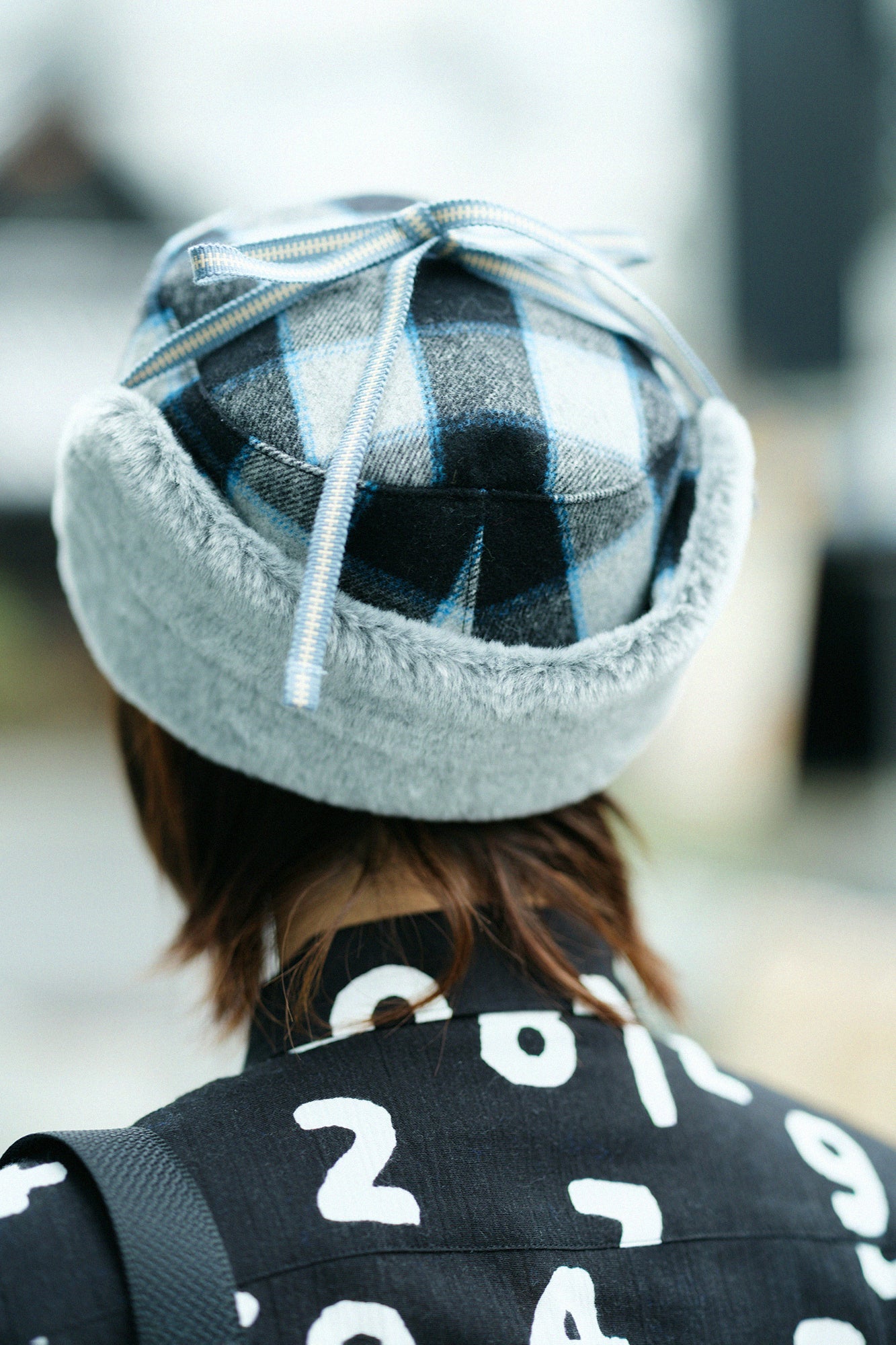 ウールチェック ボア BIKE CAP／ブルーブラック×SO-SU-U